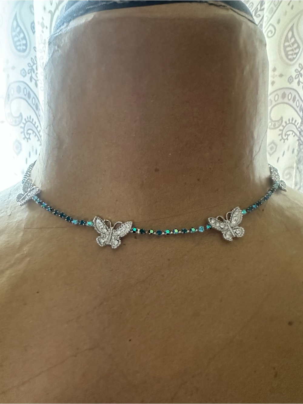 Butterfly Dsigns Silver & Teal Crystal Butterfly Choker Necklace